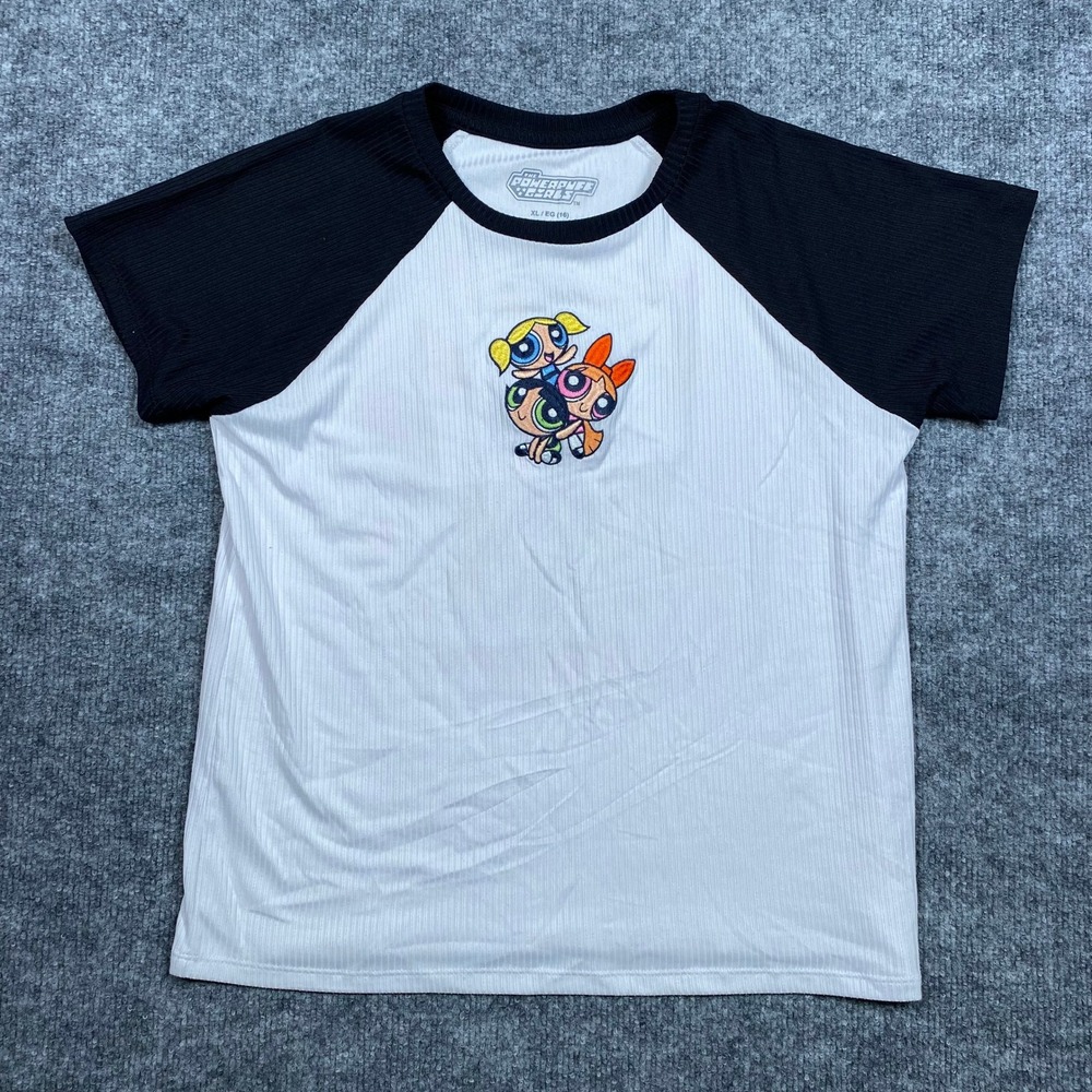Powerpuff Girls Raglan Graphic T-Shirt White Black Ribbed Girls XL 16 Y2K Retro